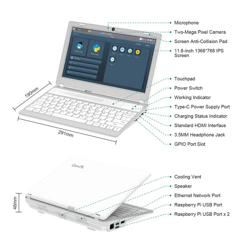 CrowPi L : ordinateur portable Raspberry Pi pour apprendre la programmation 3 CrowPi L, schéma coté avec dimensions et légendes des ports et capteurs