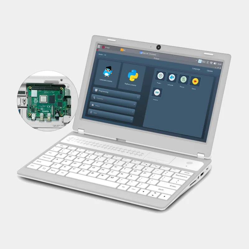 CrowPi L, ordinateur portable ouvert avec tableau de bord logiciel et carte Raspberry Pi en médaillon
