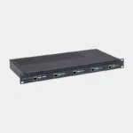 Rack 1U pour 5x Raspberry Pi 5 avec alimentation intégrée, châssis fermé vu de trois quarts avec ports en façade