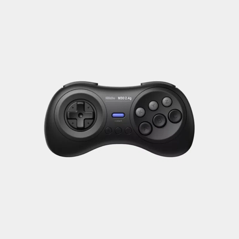 Manette 8BitDo M30 2,4GHz noire de style Megadrive avec croix directionnelle et six boutons