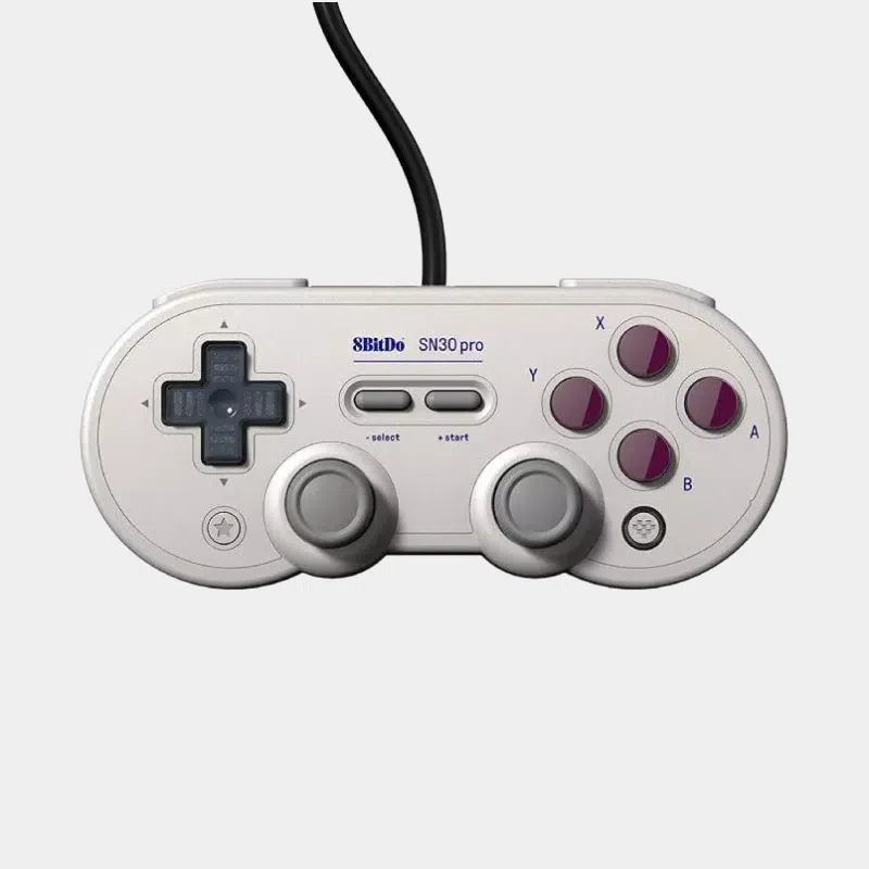 Manette 8BitDo SN30 Pro USB beige et grise vue de face avec croix directionnelle et boutons violets