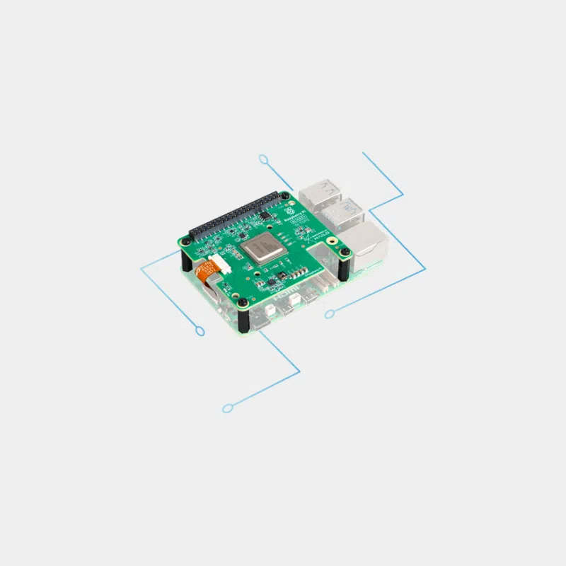 AI HAT+ pour Raspberry Pi 5 1 AI HAT+ pour Raspberry Pi 5 vu en perspective, installé au-dessus de la carte mère
