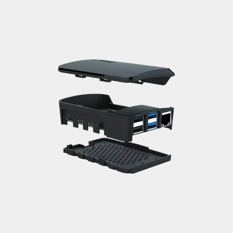 Boîtier ARGON Poly+ pour Raspberry Pi 4 démonté, vue rapprochée sur les connecteurs USB de la carte