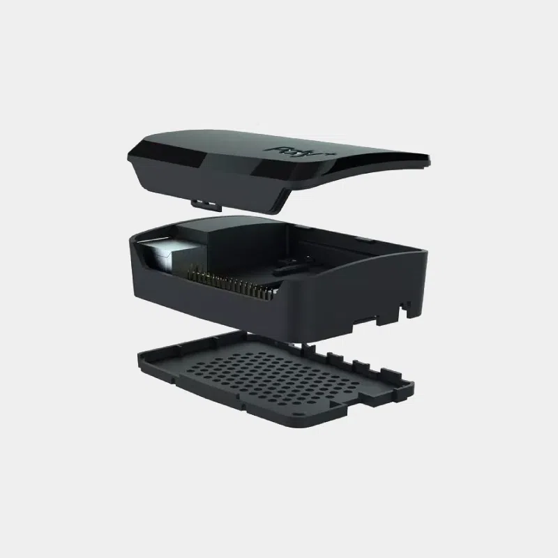 Boîtier ARGON Poly+ pour Raspberry Pi 4 démonté en trois parties avec la carte électronique visible