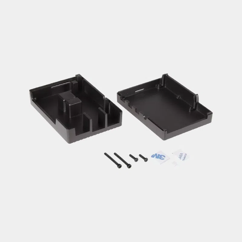 Boîtier en aluminium pour Raspberry Pi 4 démonté en deux coques avec ses vis de fixation