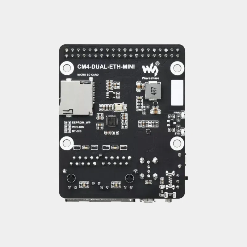 Carte réseau Gigabit Ethernet pour CM4, carte noire vue de dessus avec sérigraphie CM4 DUAL ETH MINI