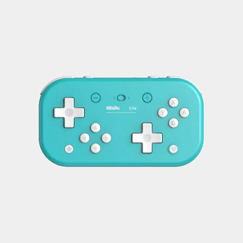 Manette 8BitDo Lite Pad turquoise vue de face avec ses deux croix directionnelles et boutons blancs