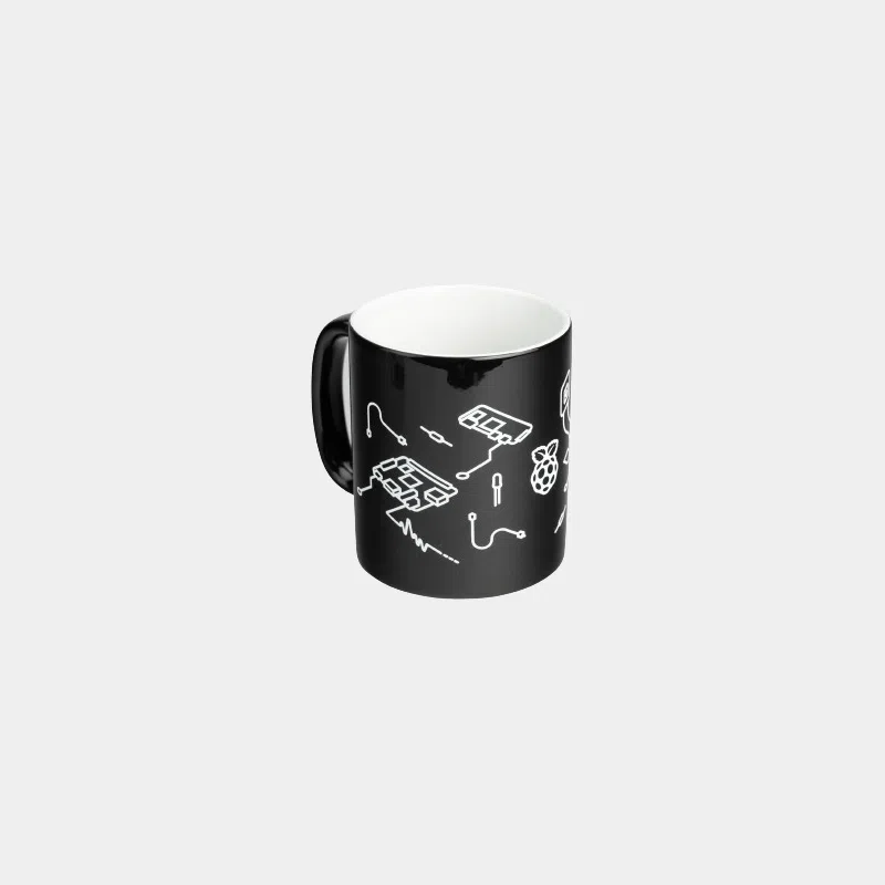 Mug officiel Raspberry Pi noir avec illustrations blanches d'accessoires électroniques