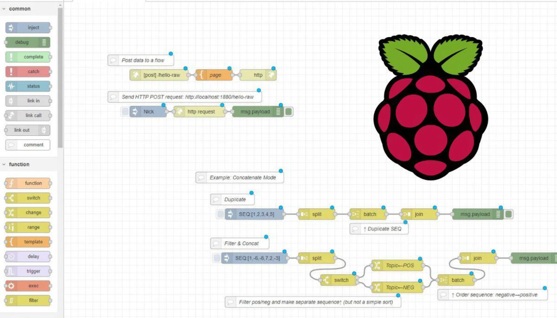 Capture d'écran de l'éditeur de flux Node-RED avec des blocs colorés et le logo Raspberry Pi