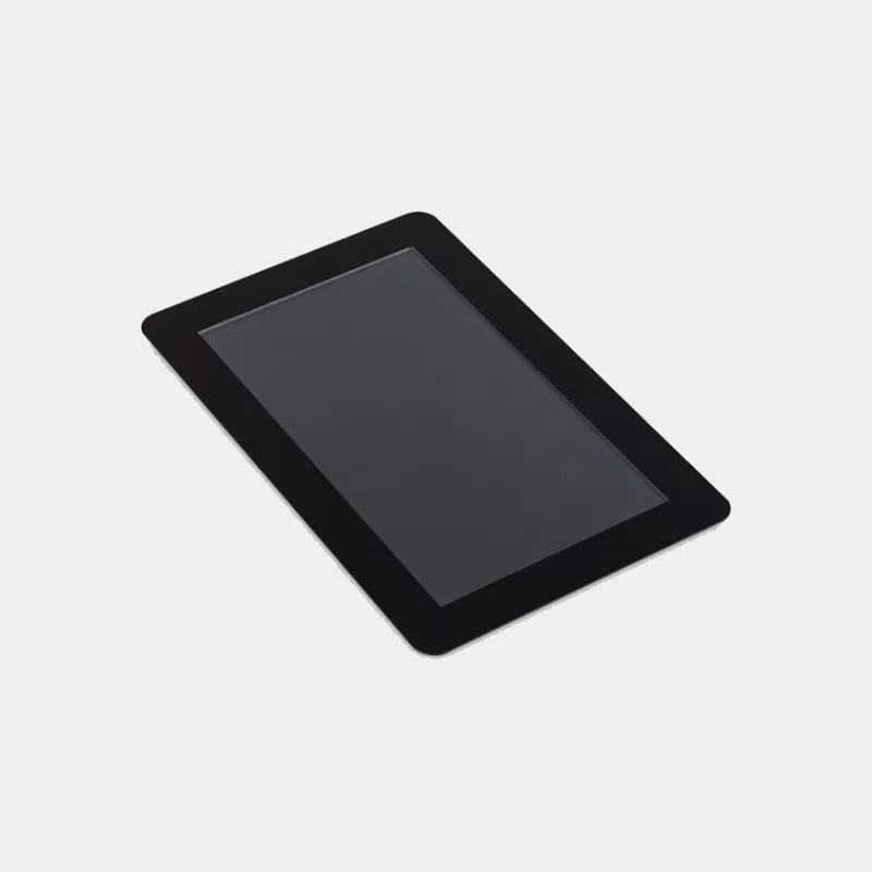 Écran tactile Raspberry Pi Touch Display 2 éteint, vu de trois quarts avec cadre noir