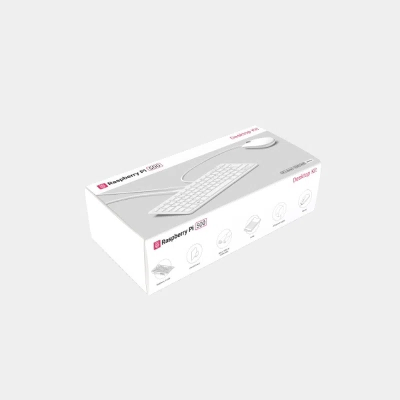 Emballage blanc du kit Raspberry Pi 500 montrant le clavier ordinateur et ses accessoires