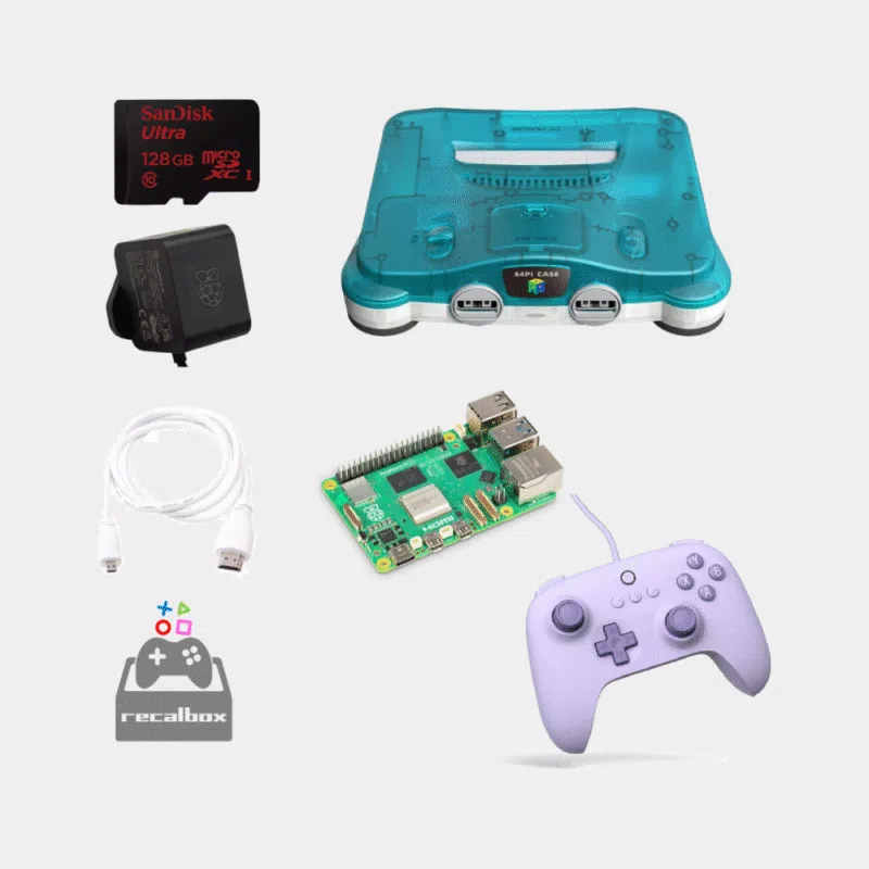 Kit console Raspberry Pi 5 et Recalbox avec carte mémoire, boîtier translucide et manette mauve