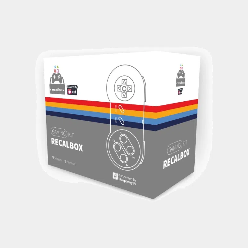 Emballage du kit Recalbox Raspberry Pi 5 avec logo manette et bandeau multicolore