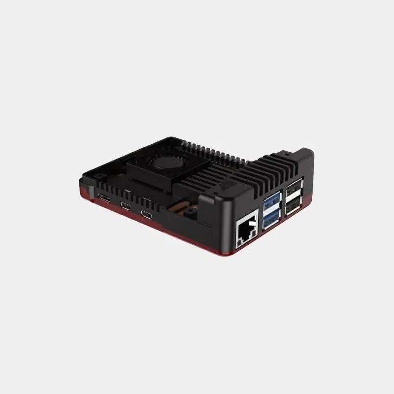 Boîtier noir et rouge à ailettes du kit Recalbox Raspberry Pi 5 vu de dessus