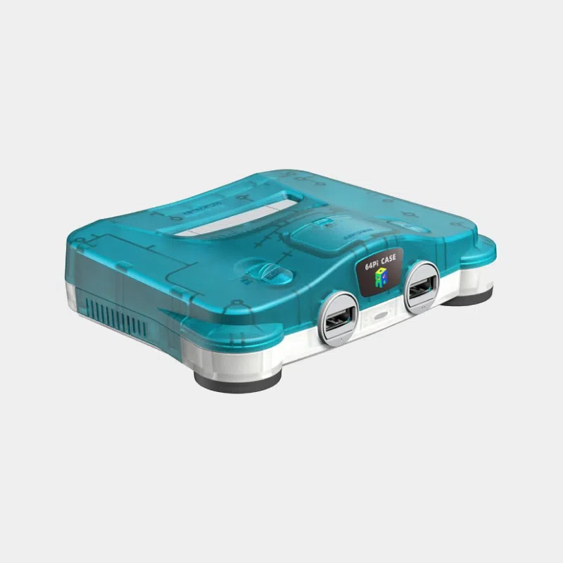 Boîtier Retroflag 64Pi translucide bleu fermé, façon console Nintendo 64