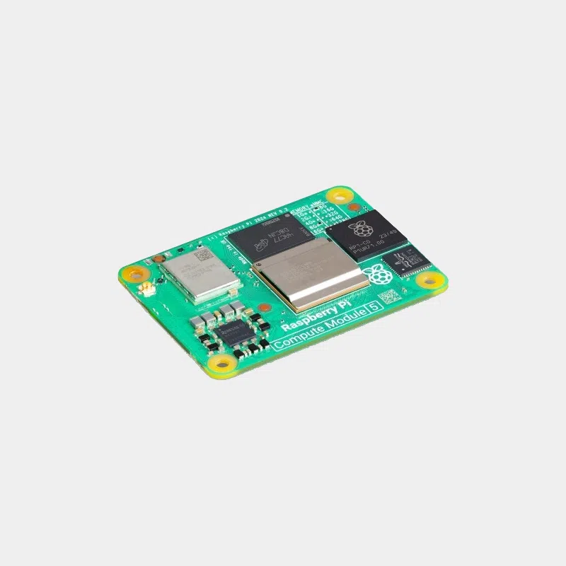 Carte Raspberry Pi Compute Module 5 vue de trois quarts avec son connecteur de fond de panier
