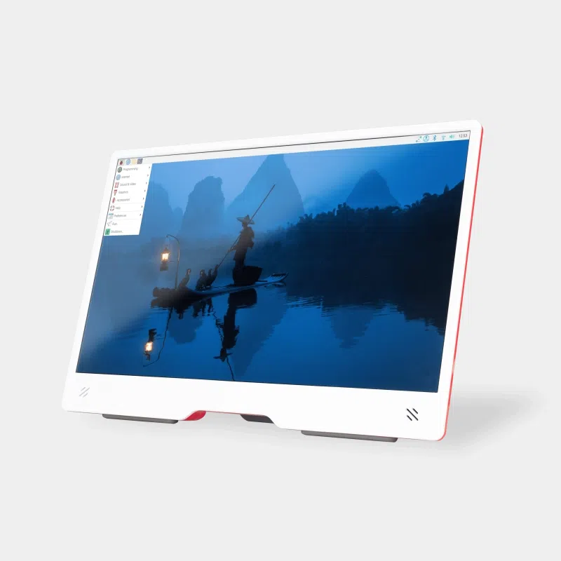 Écran Raspberry Pi Monitor allumé affichant une photo de paysage, vu de trois quarts
