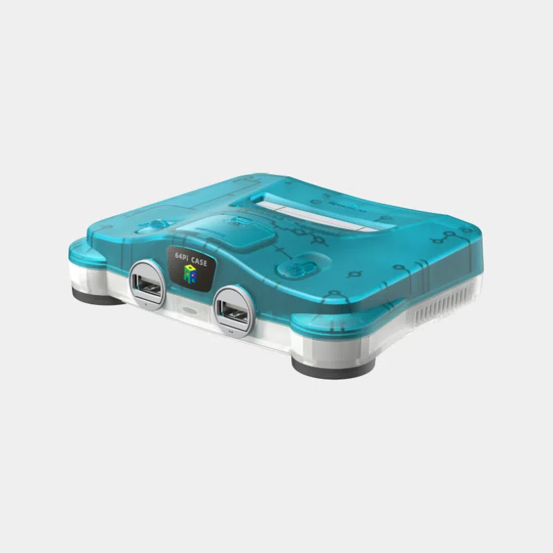 Boîtier Retroflag 64Pi translucide bleu vu de trois quarts avec plaque 64Pi et ports USB