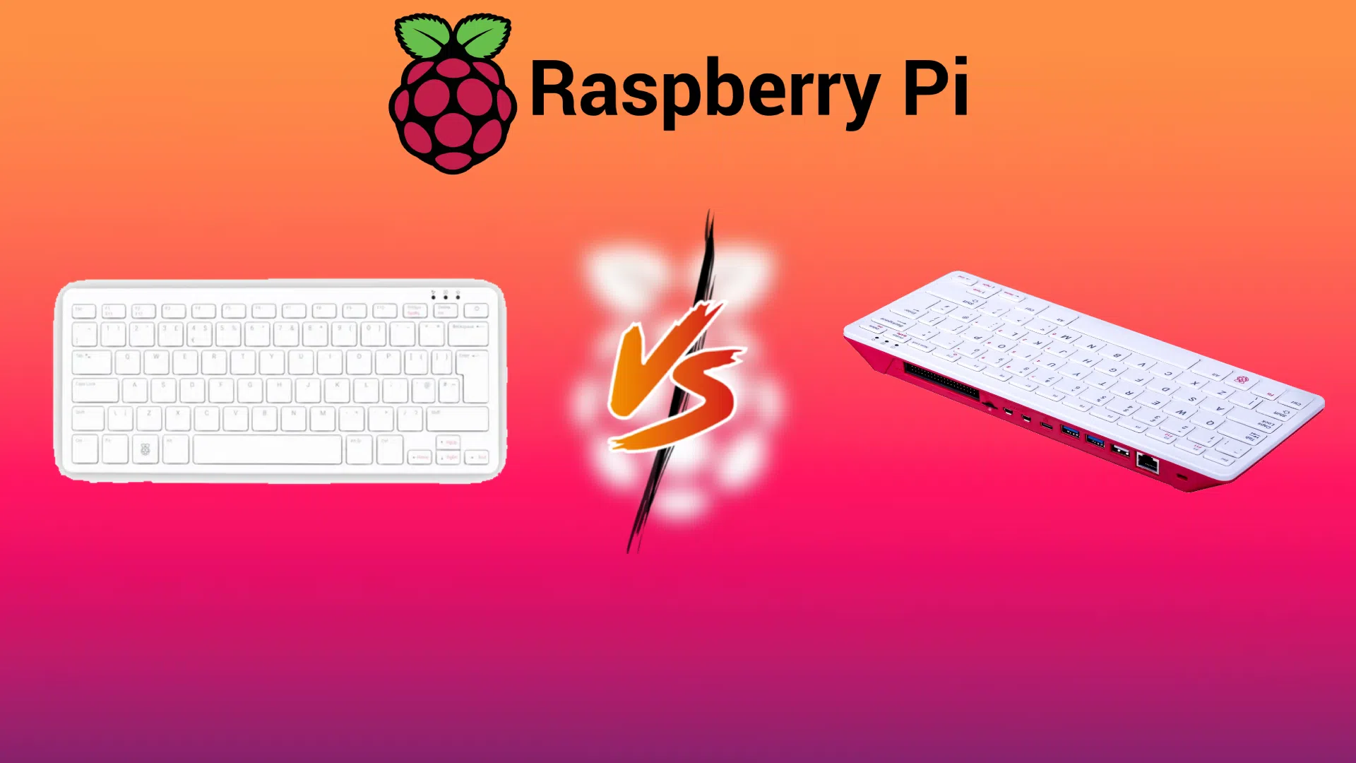 Bannière opposant le clavier Raspberry Pi 500 blanc au Raspberry Pi 400 orange