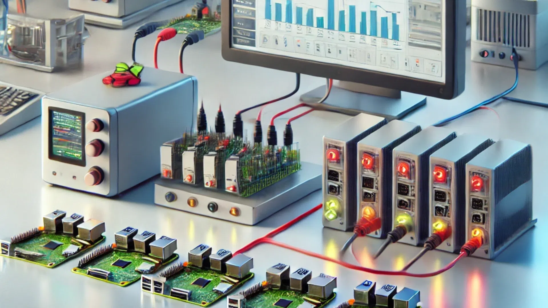 Banc de test industriel avec instruments, écran de mesures et cartes Raspberry Pi