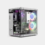 Boîtier Pironman 5 vu de trois quarts avec ventilateurs RGB allumés en violet et bleu