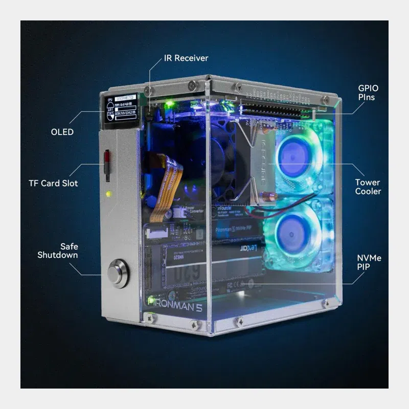 Boîtier Pironman 5 transparent avec ventirad, écran OLED et étiquettes des fonctions