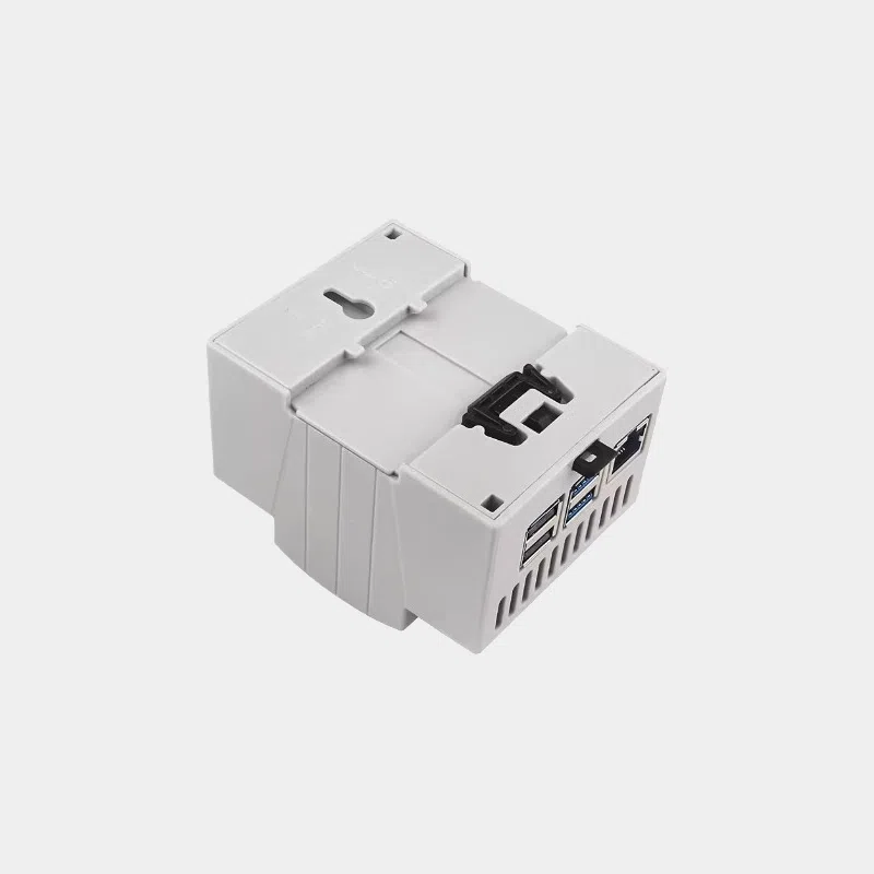Boîtier rail DIN pour Raspberry Pi 5 ouvert montrant la carte installée et la coque DIN