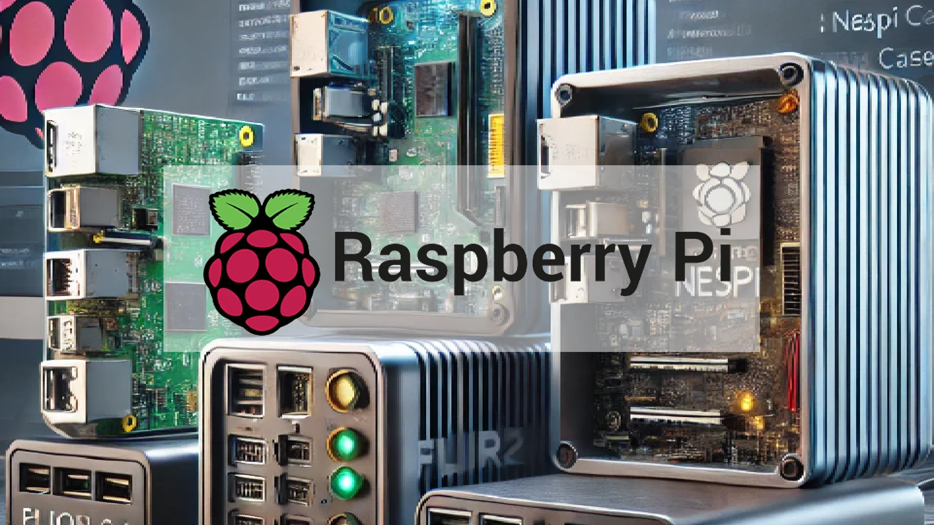 Bannière comparant plusieurs boîtiers pour Raspberry Pi 4 autour du logo Raspberry Pi