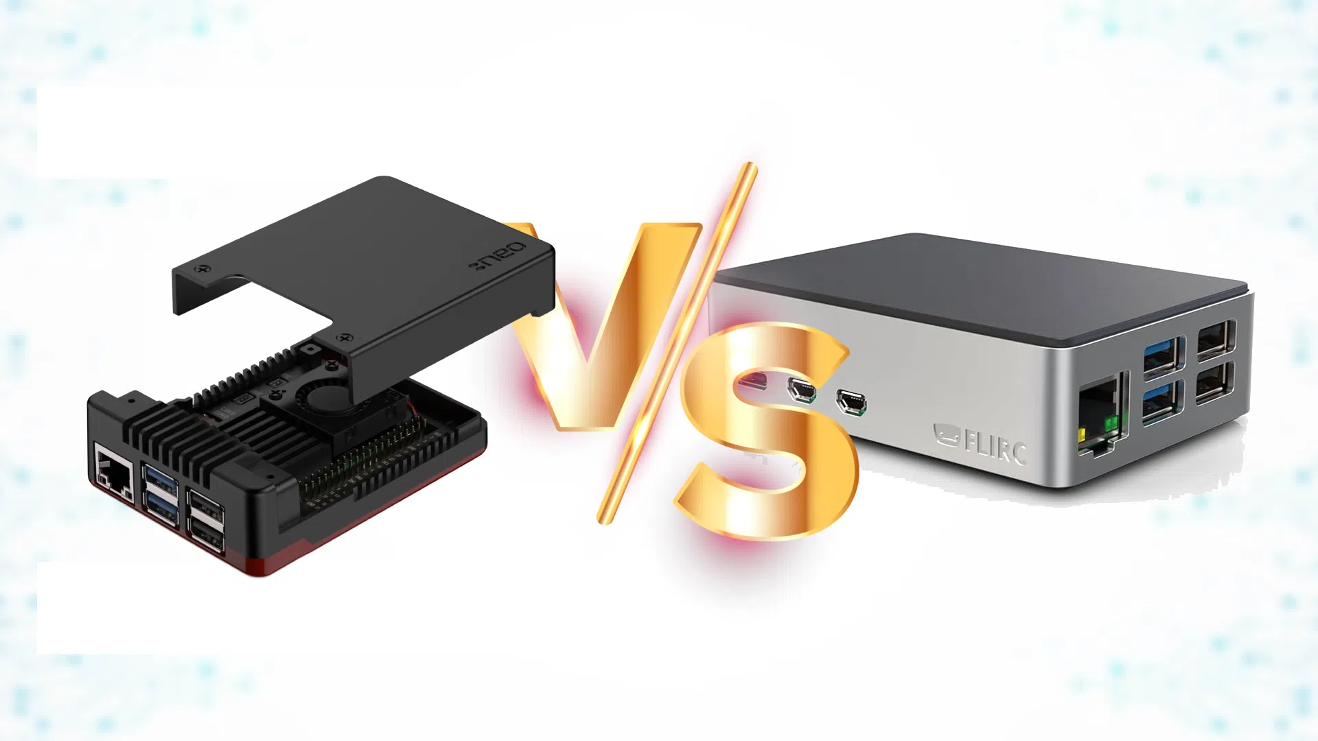 Comparatif visuel entre le boîtier Argon Neo 5 et le boîtier Flirc 5 côte à côte
