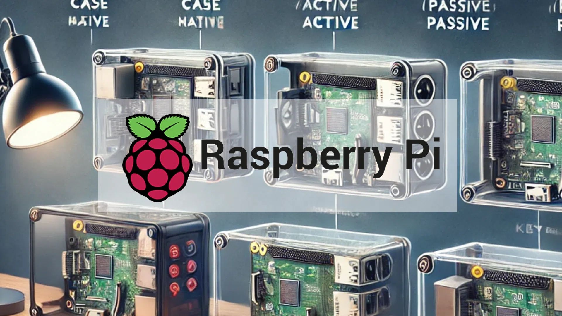 Bannière comparative de boîtiers Raspberry Pi 5 actifs et passifs autour du logo Raspberry Pi