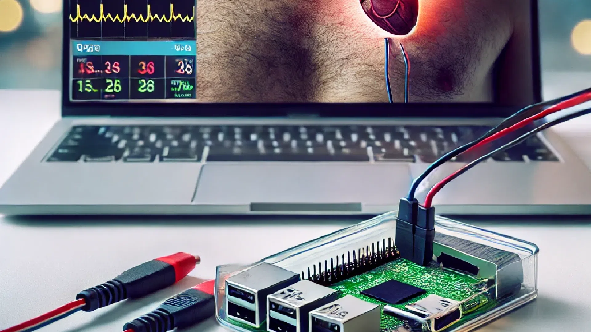 Raspberry Pi Pico câblé relié à un ordinateur affichant une courbe de signal cardiographique