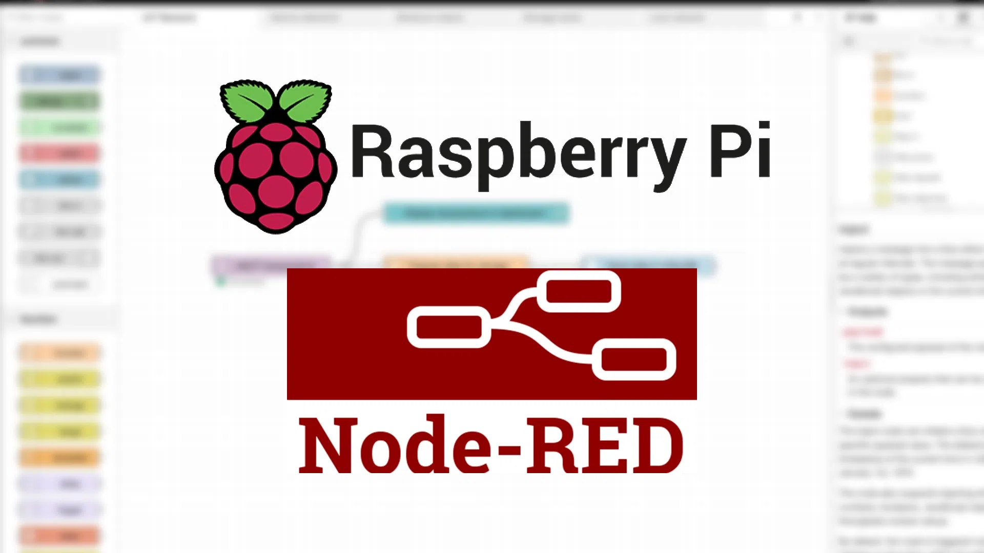 Bannière Node RED sur Raspberry Pi avec logo et éditeur de flux en arrière-plan