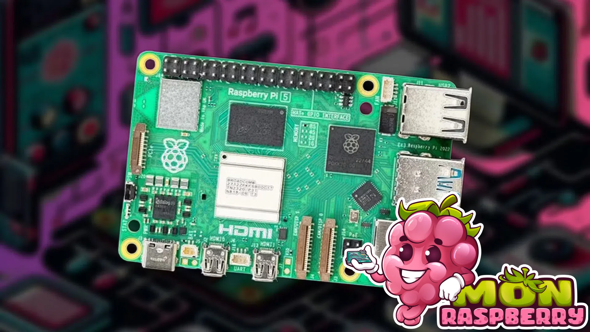 Carte Raspberry Pi 5 sur fond néon rétro avec le logo souriant de MonRaspberry