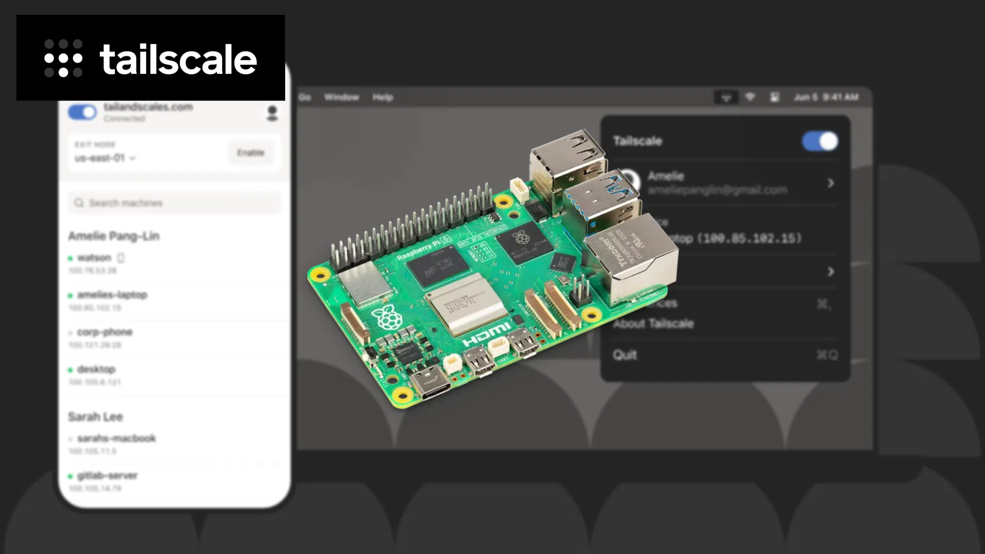 Écrans Tailscale affichant un appareil Raspberry Pi connecté au réseau VPN