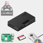 Console Recalbox avec boîtier noir, carte Raspberry Pi 5, SSD NVMe et manette assortis