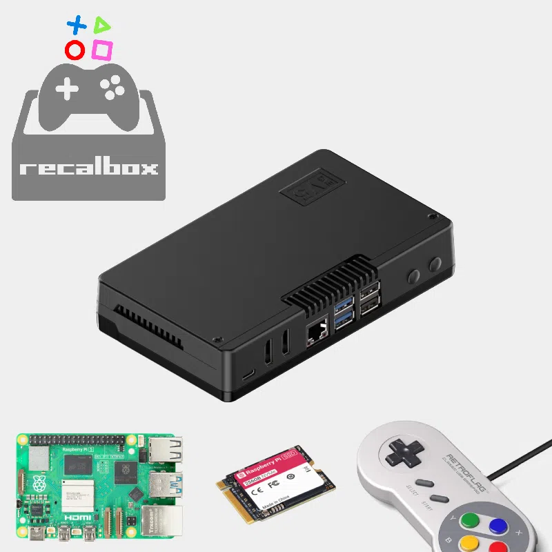 Console Recalbox avec boîtier noir, carte Raspberry Pi 5, SSD NVMe et manette assortis