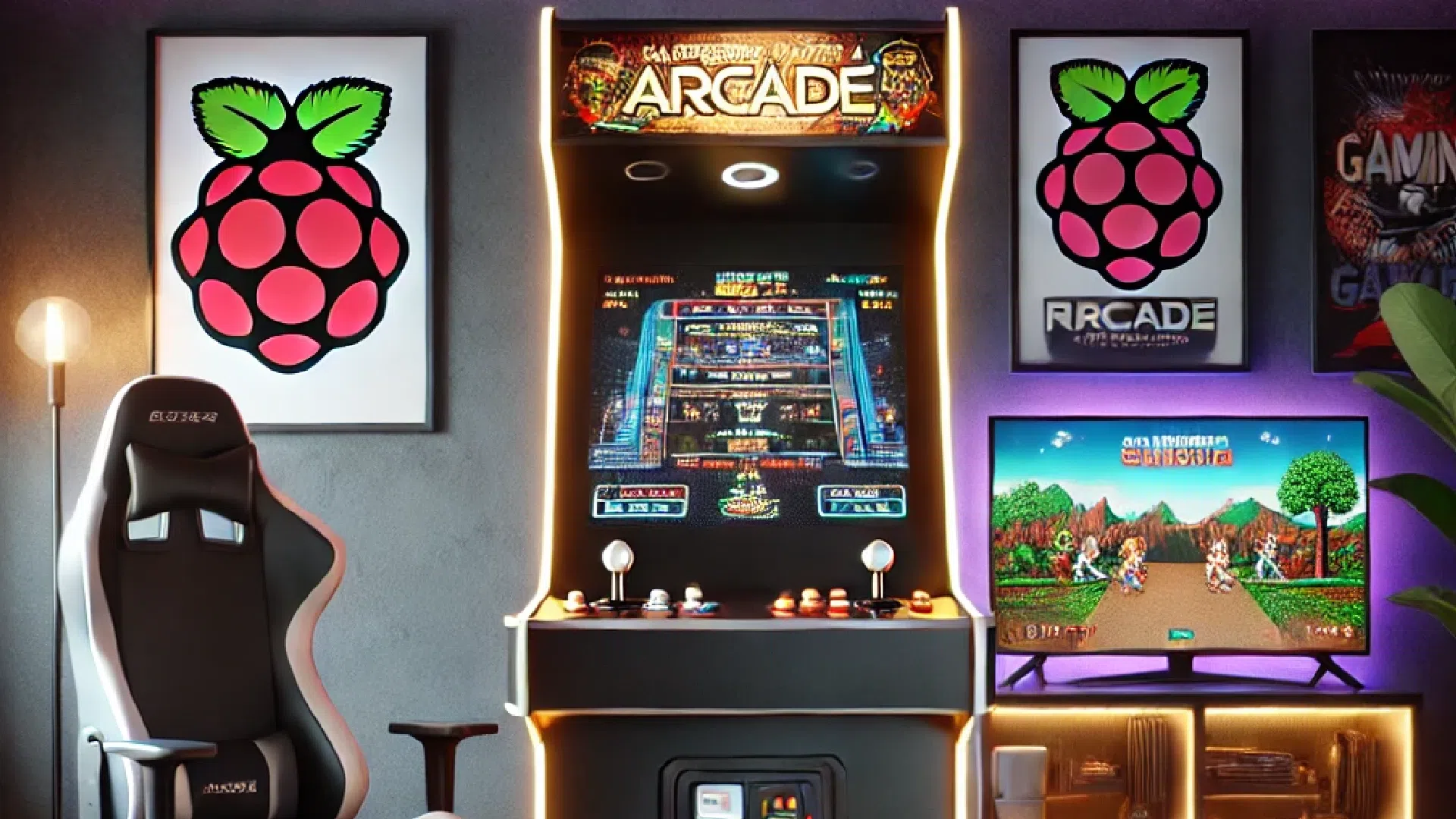 Salle de jeu avec borne d'arcade, écran rétrogaming et affiches Raspberry Pi encadrées