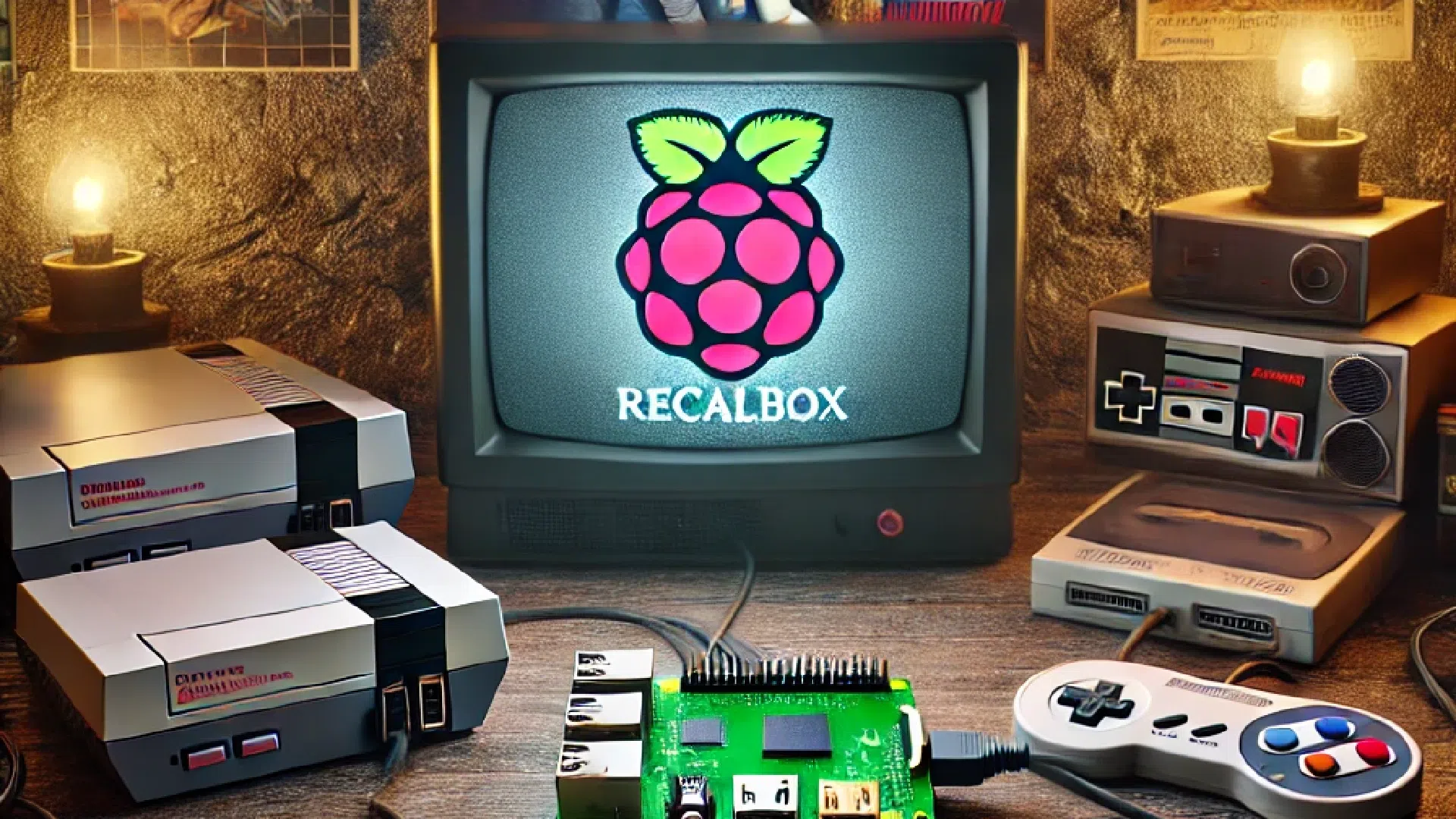Téléviseur rétro affichant le logo Recalbox entouré de consoles et d'une carte Raspberry Pi