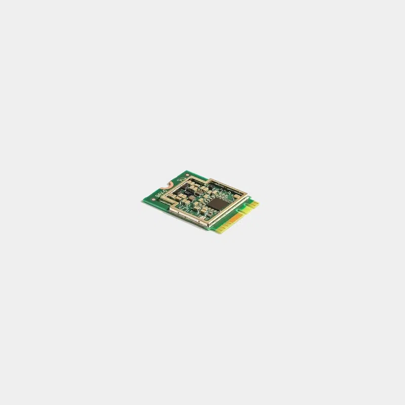 Module M.2 Google Coral A+E vu de trois quarts sur fond clair, connecteur doré
