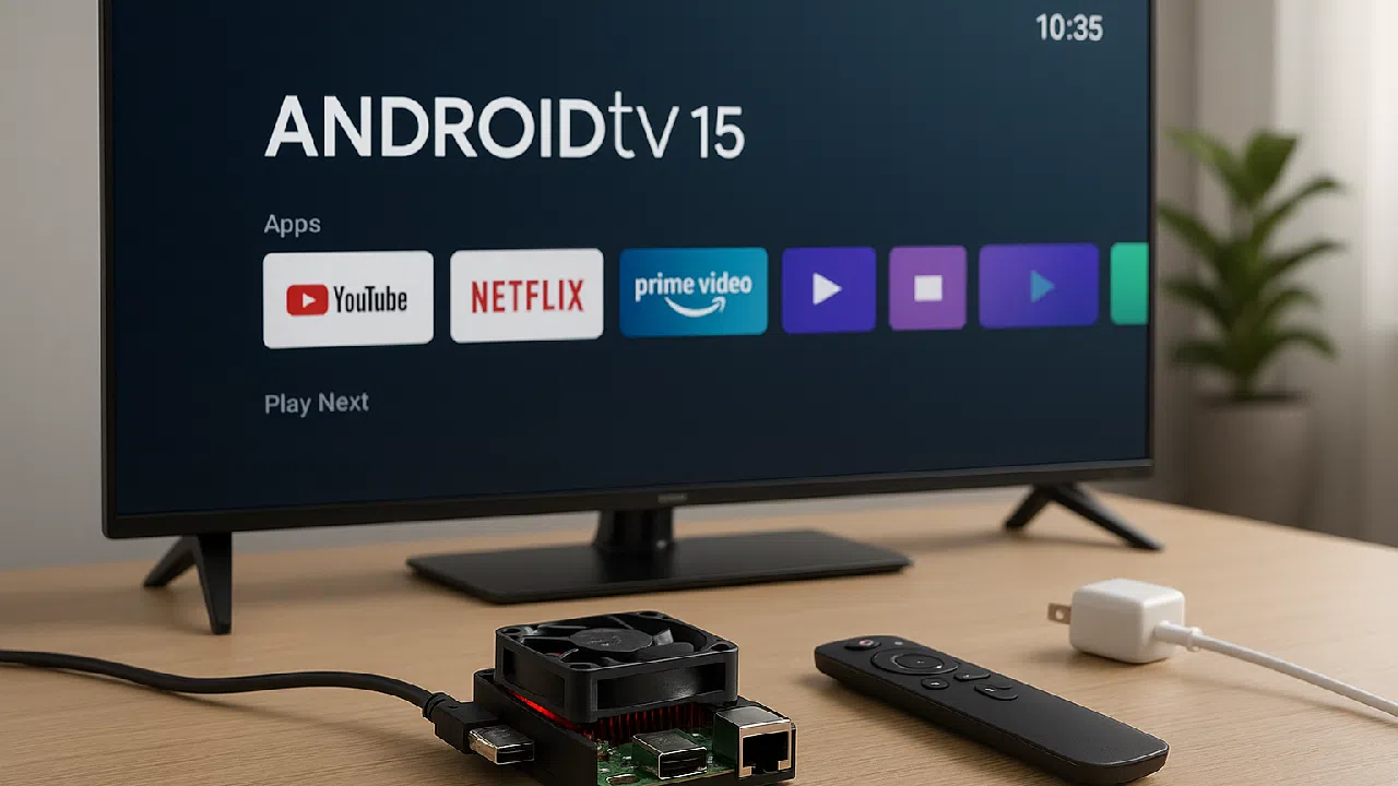 Téléviseur affichant l'interface Android TV 15 avec une carte Raspberry Pi et une télécommande