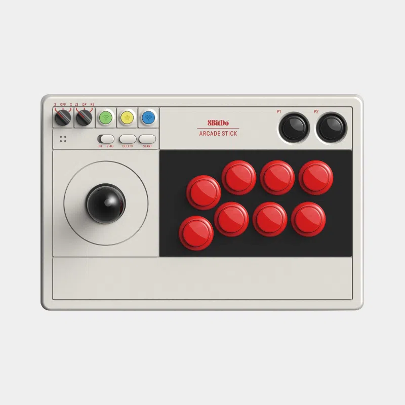 Arcade stick 8BitDo vu de face avec joystick noir et huit boutons rouges