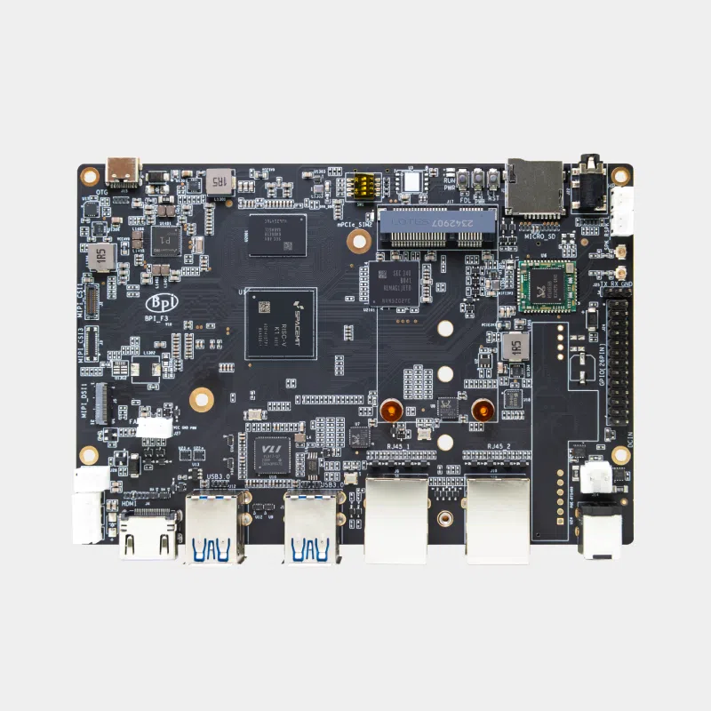 Banana Pi BPI-F3 1 Carte Banana Pi BPI-F3 sombre vue de dessus avec ports USB et Ethernet alignés