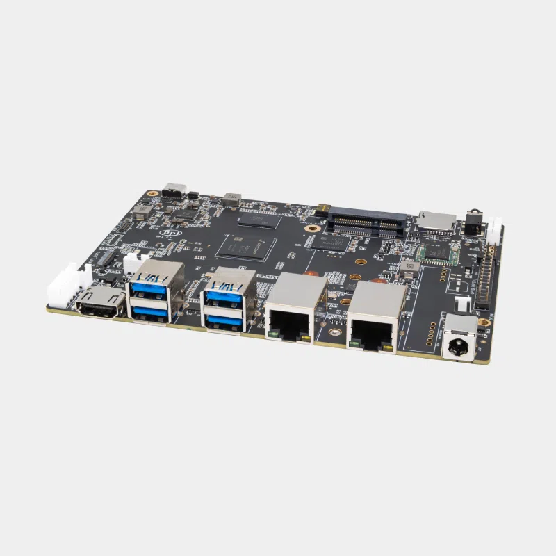 Banana Pi BPI-F3 2 Carte Banana Pi BPI-F3 sombre vue de trois quarts avec ports USB et Ethernet visibles