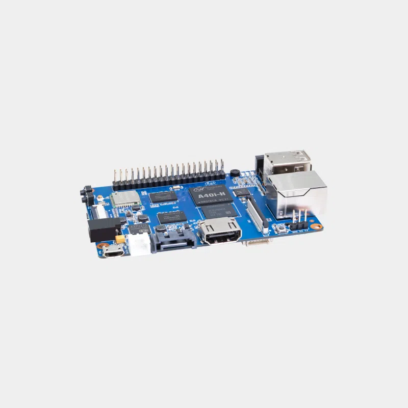 Carte Banana Pi BPI-M2 Ultra bleue vue de trois quarts avec ports HDMI et Ethernet