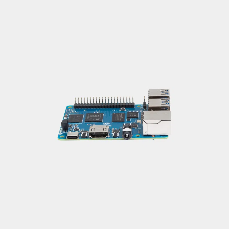 Carte Banana Pi BPI-M5 bleue vue de profil avec broches GPIO et logements de cartes