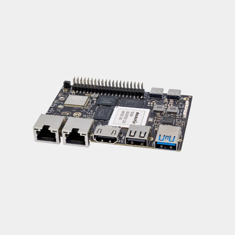Carte Banana Pi BPI-M7 sombre vue de trois quarts avec deux ports Ethernet et HDMI