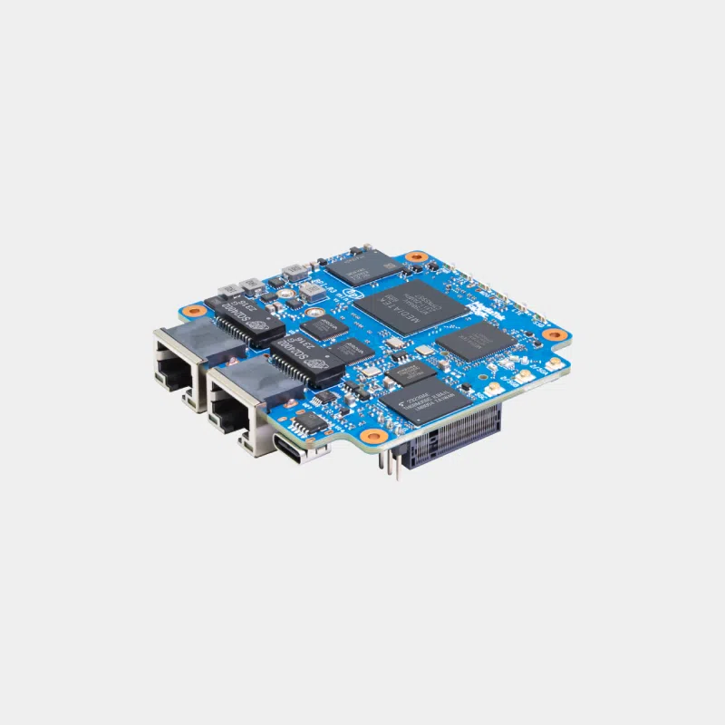 Carte Banana Pi BPI-R3 Mini bleue vue de trois quarts avec deux ports Ethernet
