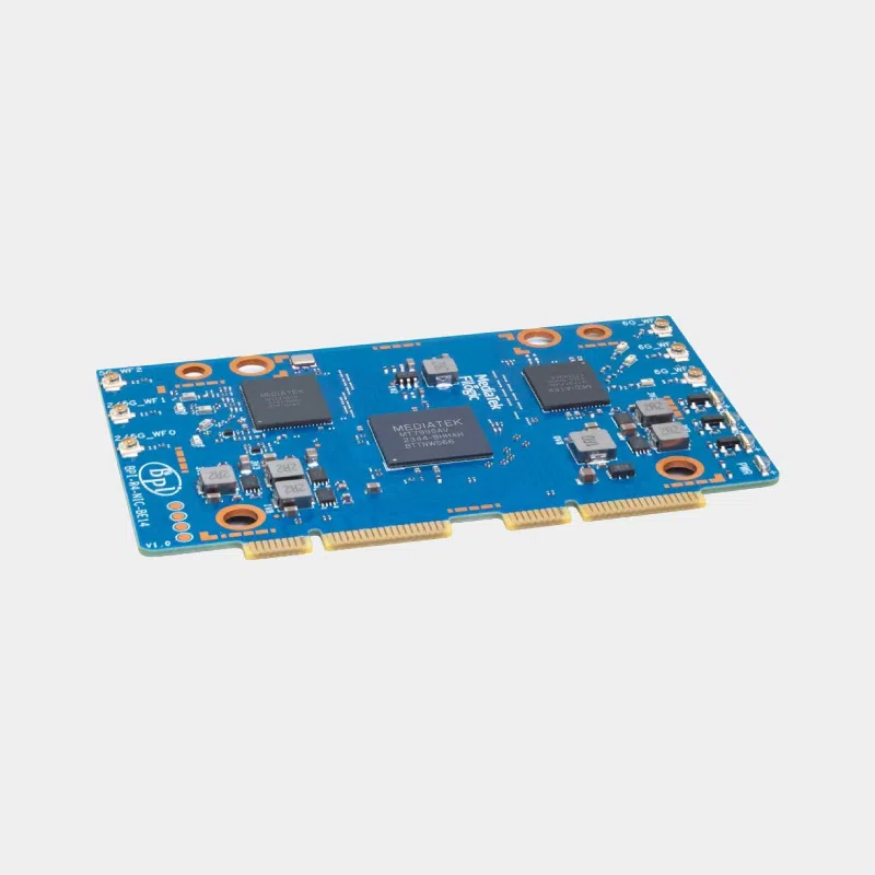 Carte réseau Banana Pi BPI-R4-NIC-BE14 bleue avec connecteur PCIe doré, vue de trois quarts