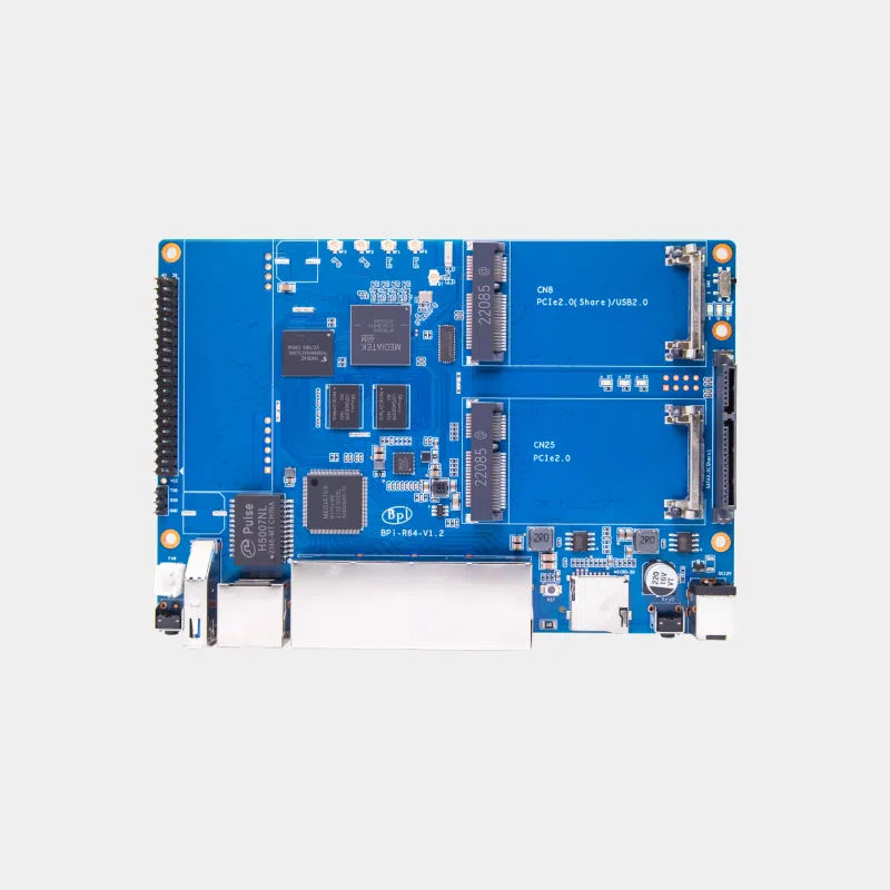 Carte Banana Pi BPI-R64 bleue avec emplacements PCIe et connecteur nappe, vue de dessus