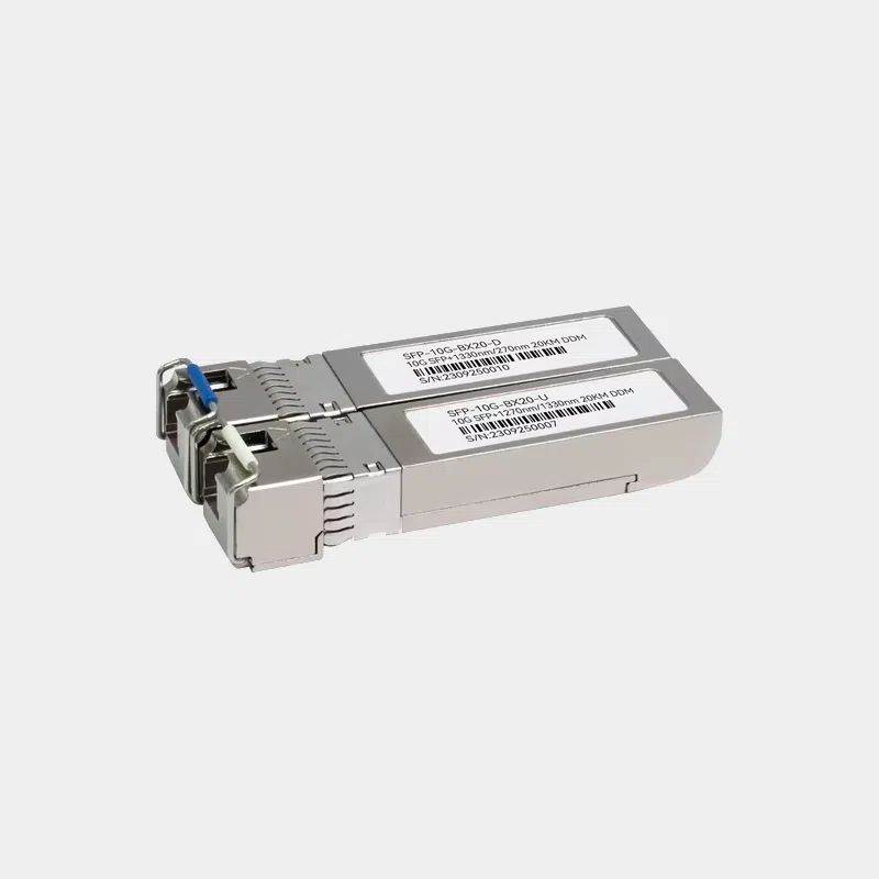 Deux modules SFP-10G-BX20 Banana Pi métalliques avec connecteurs fibre optique